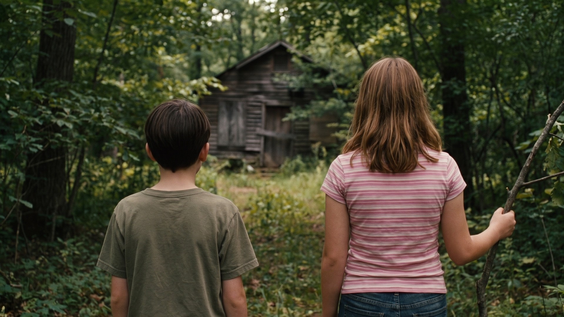 Illustration: two children seen from behind on an overgrown path in dense summer woods, a boy in a green T-shirt and his older sister in a striped top holding a branch aside, both looking toward a boarded, rotting wooden shack half hidden in the trees.