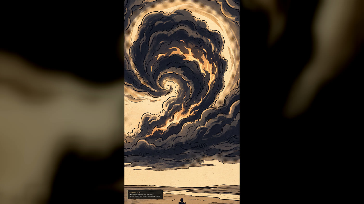 Ezekiel 1:4 — "a whirlwind came out of the north, a great cloud, and a fire infolding itself, and a brightness was about it"
