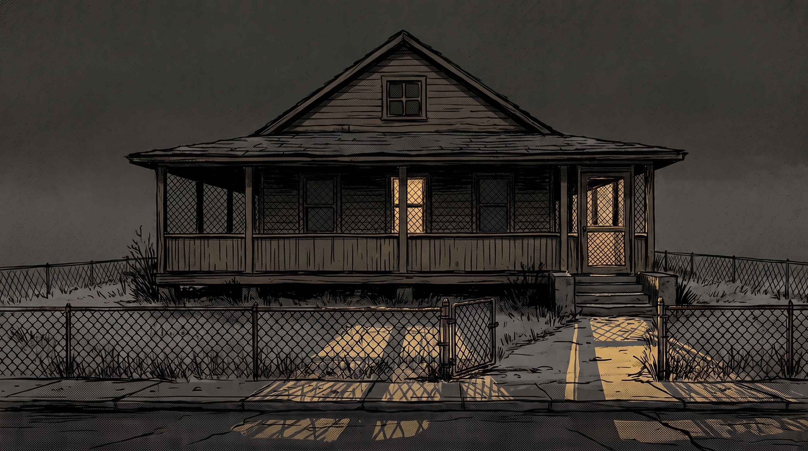 Illustration: a small clapboard house on a corner lot at night in winter, seen from across the road behind a chain-link fence, snow on the ground, one downstairs window lit gold and every other window dark.
