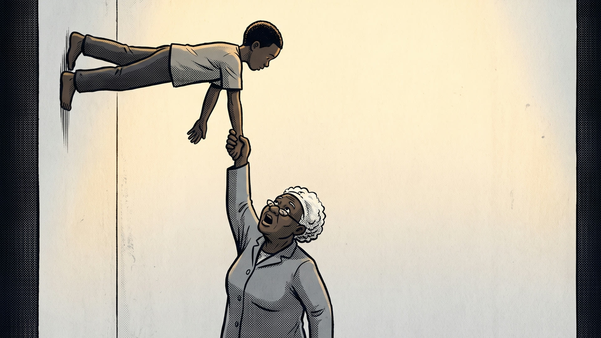 Illustration: a boy horizontal off a hospital wall, his hand still gripped in his grandmother's, her arm forced up over her own head.