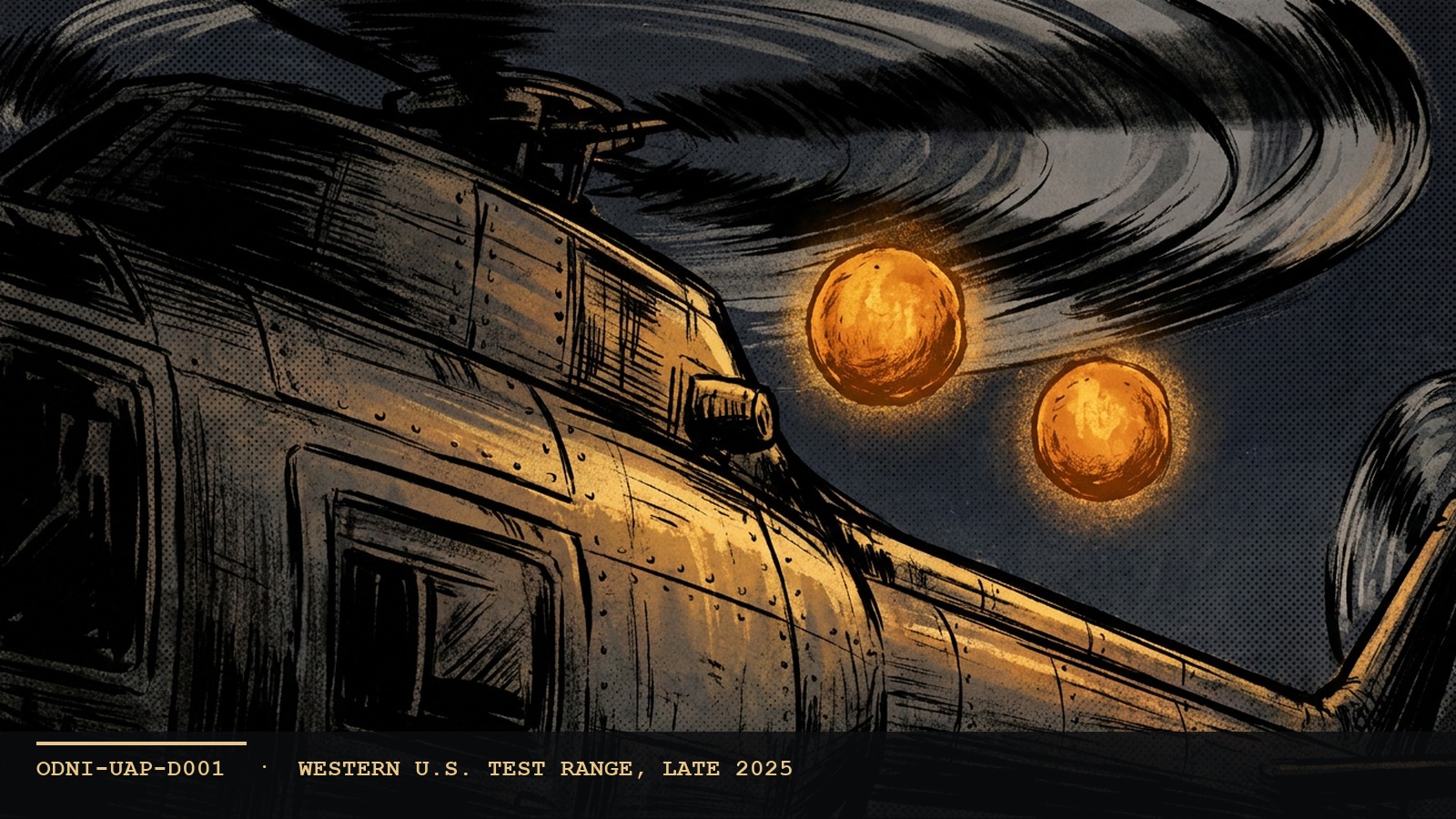 Illustration: a helicopter at night with two glowing orange orbs alongside it