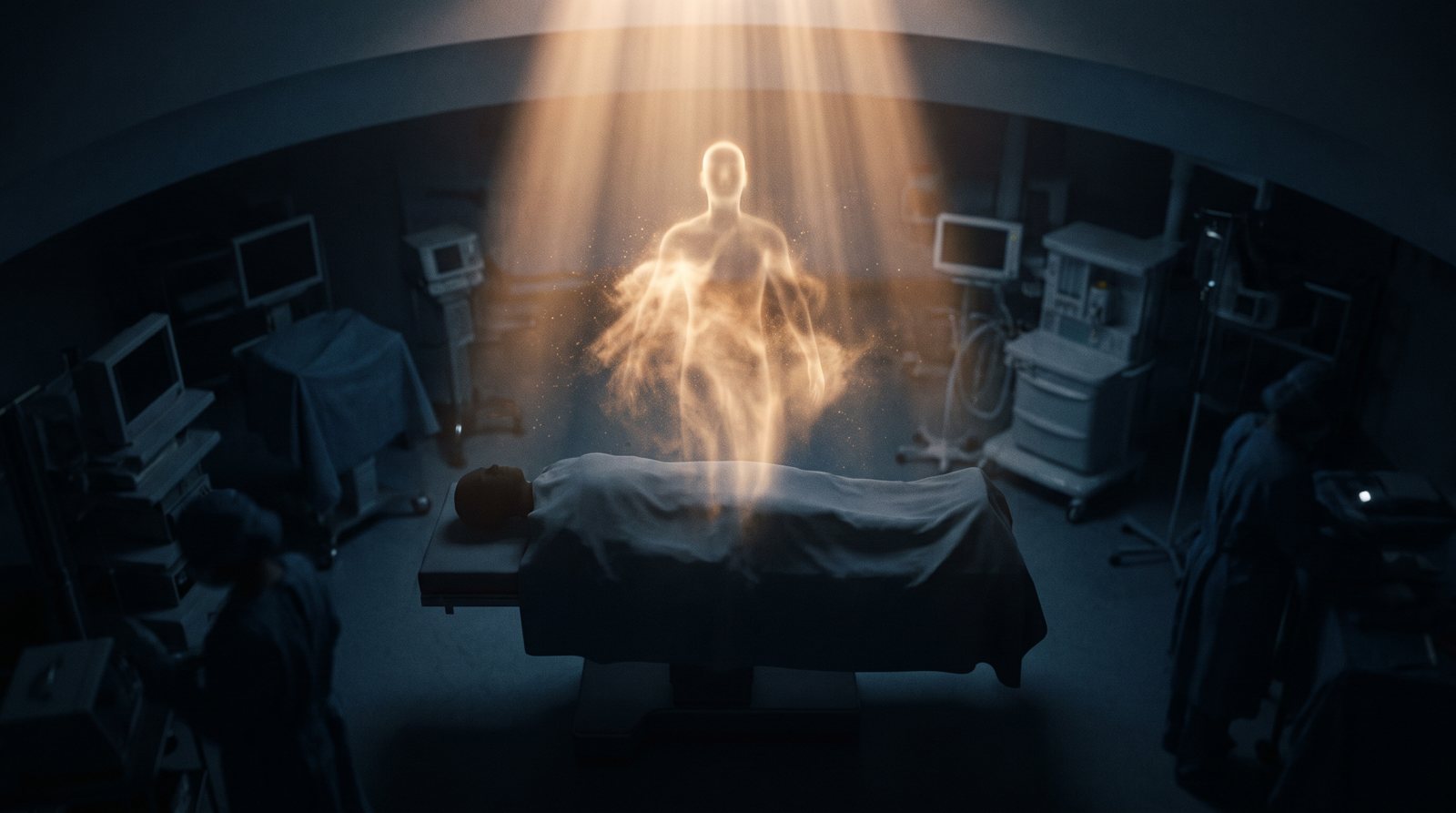 An overhead view of a dim operating theatre at night. A figure lies still on the table, and a translucent form of soft light rises away from it into a shaft of dawn-gold light falling from above.