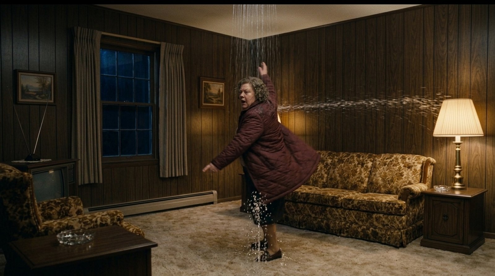 Illustration: a wood-panelled 1980s living room at night, rain falling from the ceiling out of the open air and spraying sideways across the room, a woman in a quilted coat caught in it with one arm raised, a floral sofa and a lit lamp behind her.