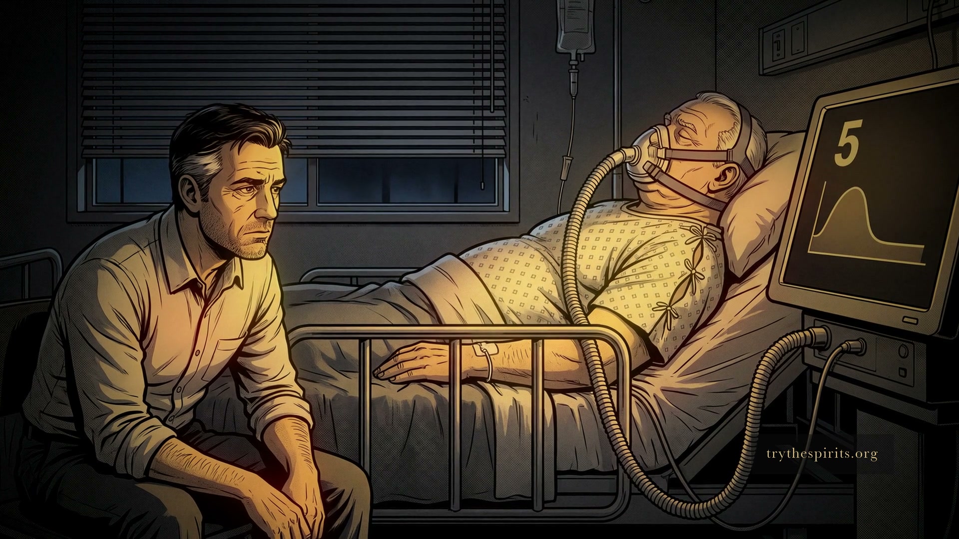 Illustration: a son sits at his father's bedside in a darkened intensive care room at night. The father lies on a ventilator; the monitor beside the bed glows with a single figure.